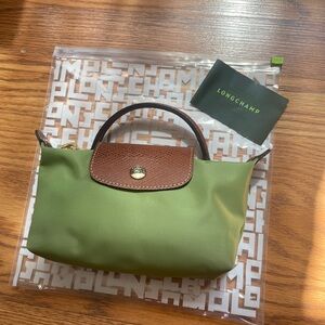 Longchamp Le Pliage Mini Pouch Green Nylon Brown Leather Handle